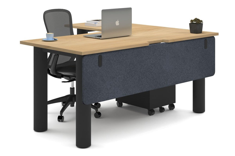 Quadro Cylinder Leg - L Shaped Corner Office Desk  [1600L x 1800W with Cable Scallop]-black leg maple dark grey acoustic modesty panel (350H x 1600W)