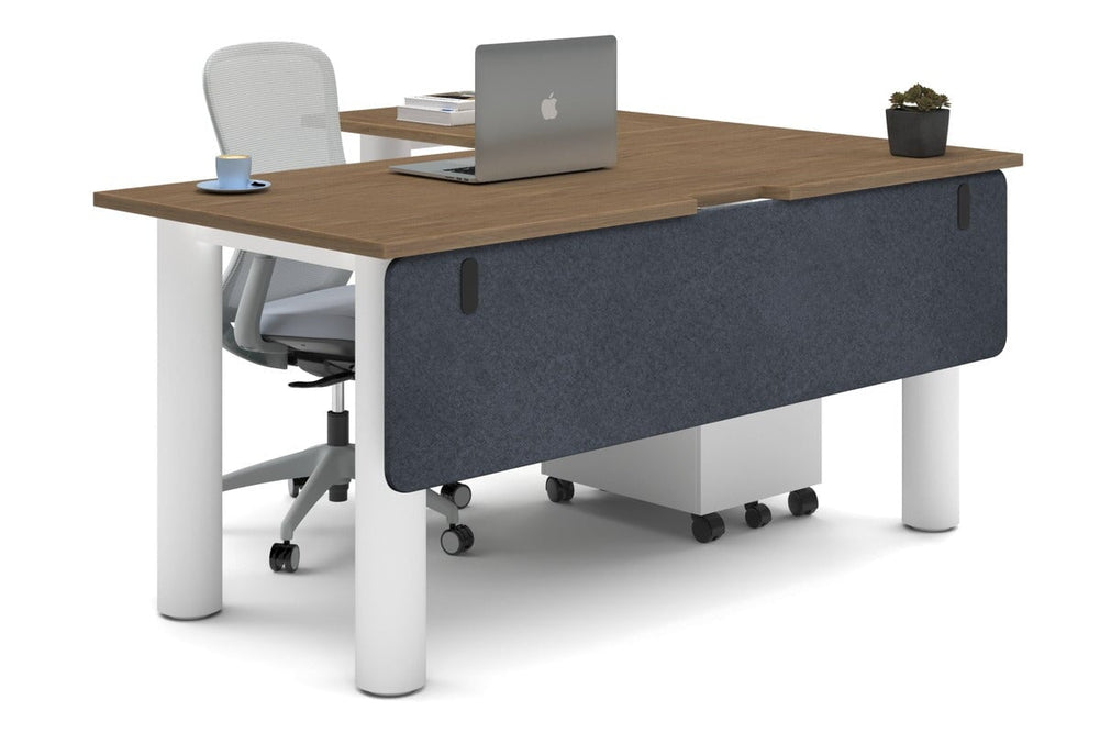 Quadro Cylinder Leg - L Shaped Corner Office Desk  [1600L x 1800W with Cable Scallop]-white leg salvage oak dark grey acoustic modesty panel (350H x 1600W)