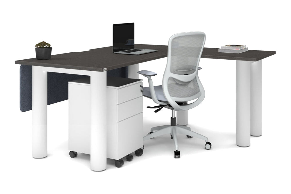Quadro Cylinder Leg - L Shaped Corner Office Desk  [1600L x 1800W with Cable Scallop]-black leg dark oak metal modesty panel