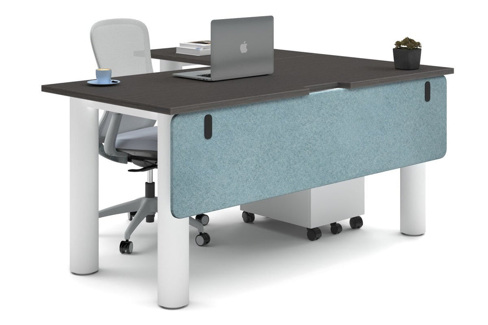 Quadro Cylinder Leg - L Shaped Corner Office Desk  [1600L x 1800W with Cable Scallop]-white leg dark oak blue acoustic modesty panel (350H x 1600W)