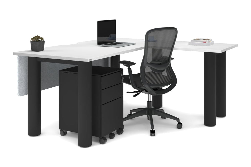 Quadro Cylinder Leg - L Shaped Corner Office Desk  [1600L x 1800W with Cable Scallop]-black leg dark oak metal modesty panel