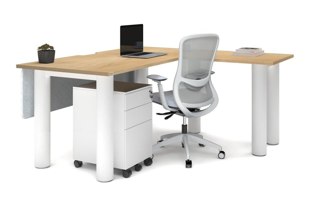 Quadro Cylinder Leg - L Shaped Corner Office Desk  [1600L x 1800W with Cable Scallop]-black leg dark oak metal modesty panel