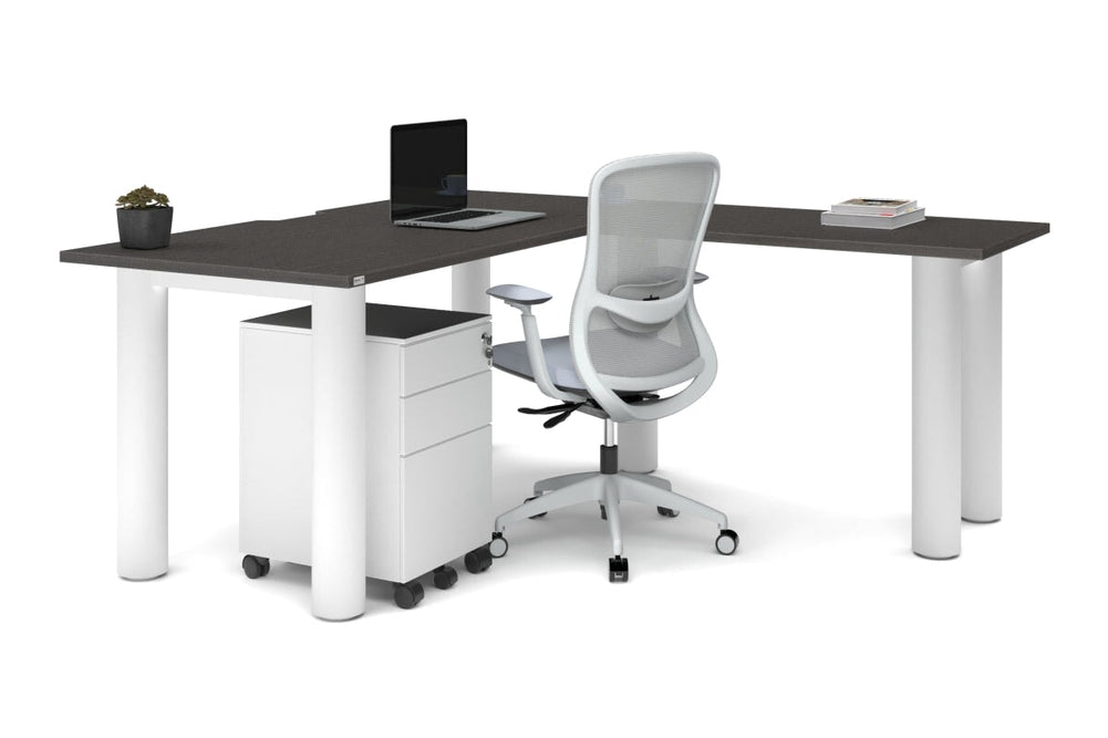 Quadro Cylinder Leg - L Shaped Corner Office Desk  [1600L x 1800W with Cable Scallop]-black leg dark oak metal modesty panel