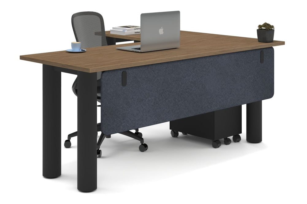 Quadro Cylinder Leg - L Shaped Corner Office Desk  [1800L x 1450W]-black leg salvage oak dark grey acoustic modesty panel (350H x 1600W)