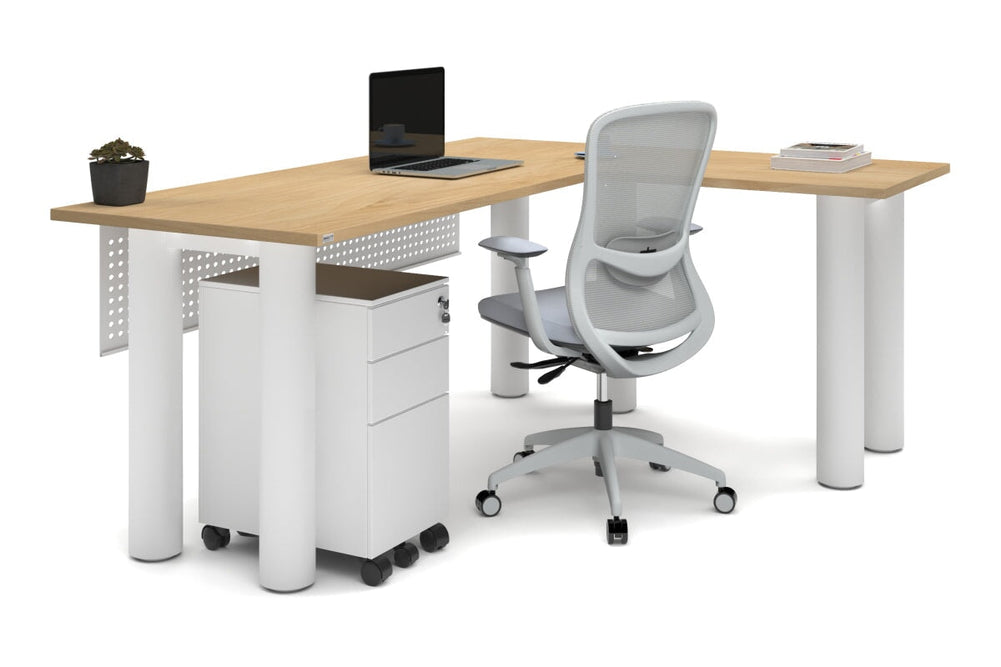 Quadro Cylinder Leg - L Shaped Corner Office Desk  [1800L x 1450W]-black leg dark oak metal modesty panel