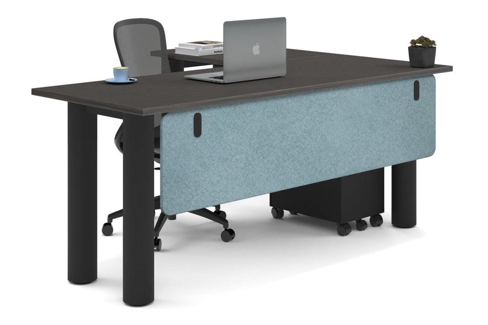 Quadro Cylinder Leg - L Shaped Corner Office Desk  [1800L x 1450W]-black leg dark oak blue acoustic modesty panel (350H x 1600W)