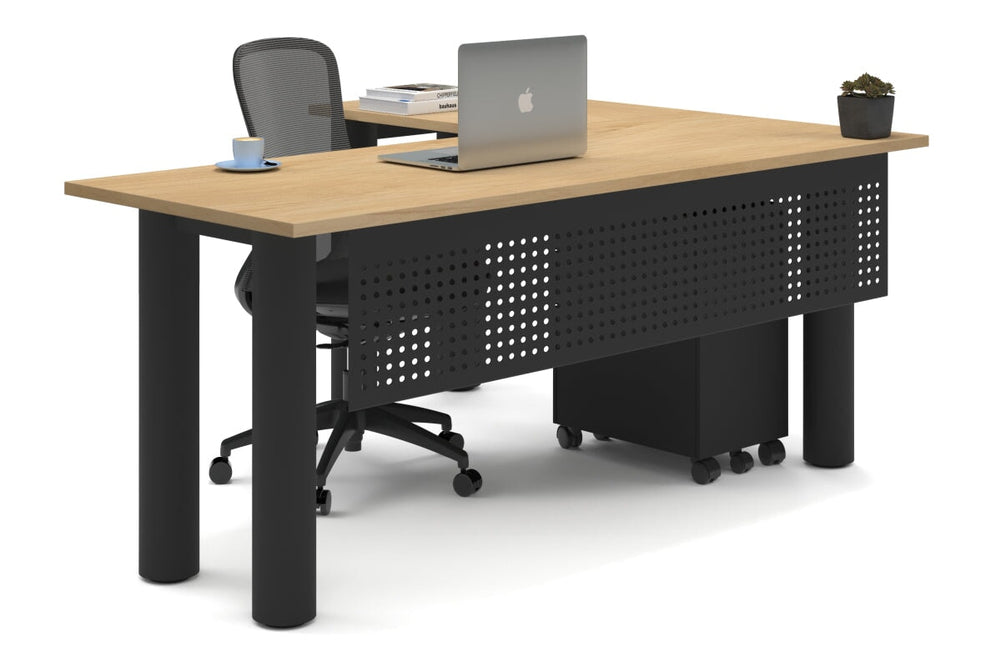 Quadro Cylinder Leg - L Shaped Corner Office Desk  [1800L x 1450W]-black leg maple metal modesty panel