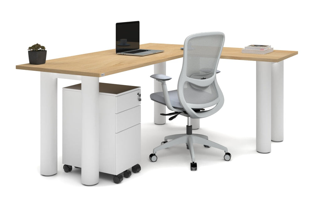 Quadro Cylinder Leg - L Shaped Corner Office Desk  [1800L x 1450W]-black leg dark oak metal modesty panel