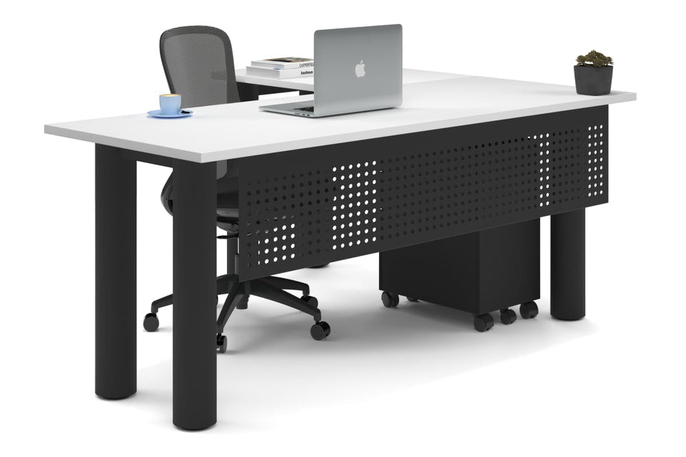 Quadro Cylinder Leg - L Shaped Corner Office Desk  [1800L x 1450W]-black leg white metal modesty panel