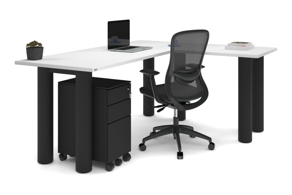 Quadro Cylinder Leg - L Shaped Corner Office Desk  [1800L x 1450W]-black leg dark oak metal modesty panel