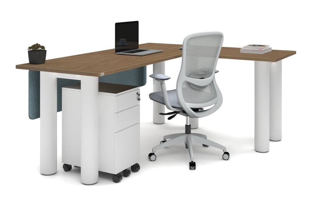 Quadro Cylinder Leg - L Shaped Corner Office Desk  [1800L x 1450W]-black leg dark oak metal modesty panel