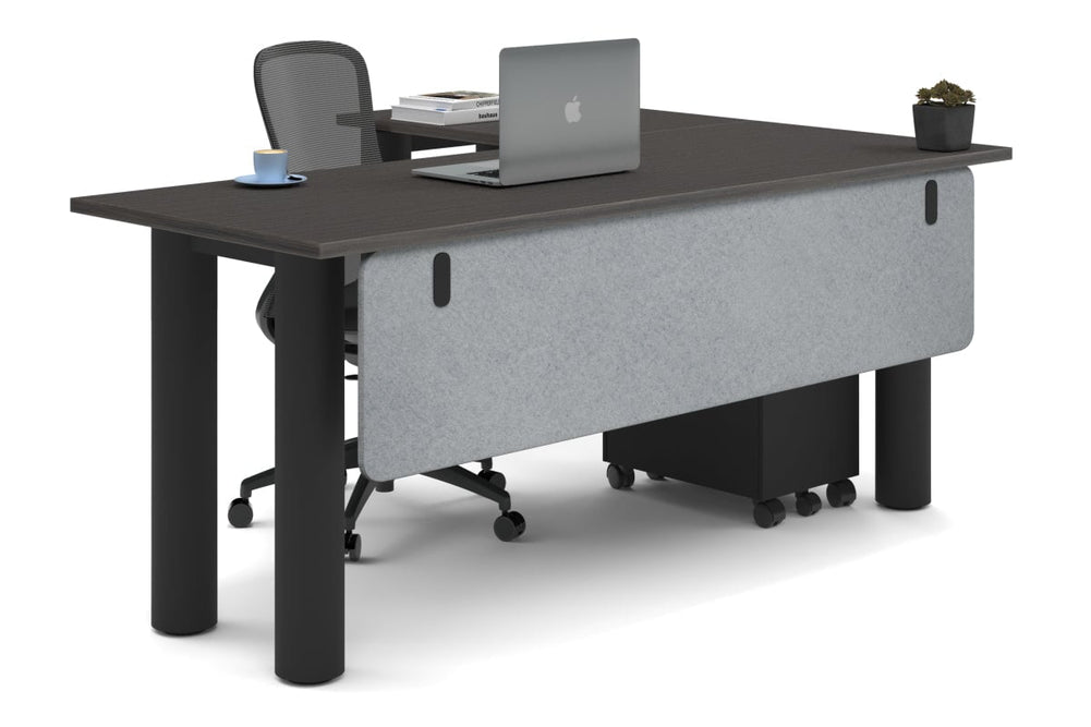 Quadro Cylinder Leg - L Shaped Corner Office Desk  [1800L x 1450W]-black leg dark oak light grey acoustic modesty panel (350H x 1600W)