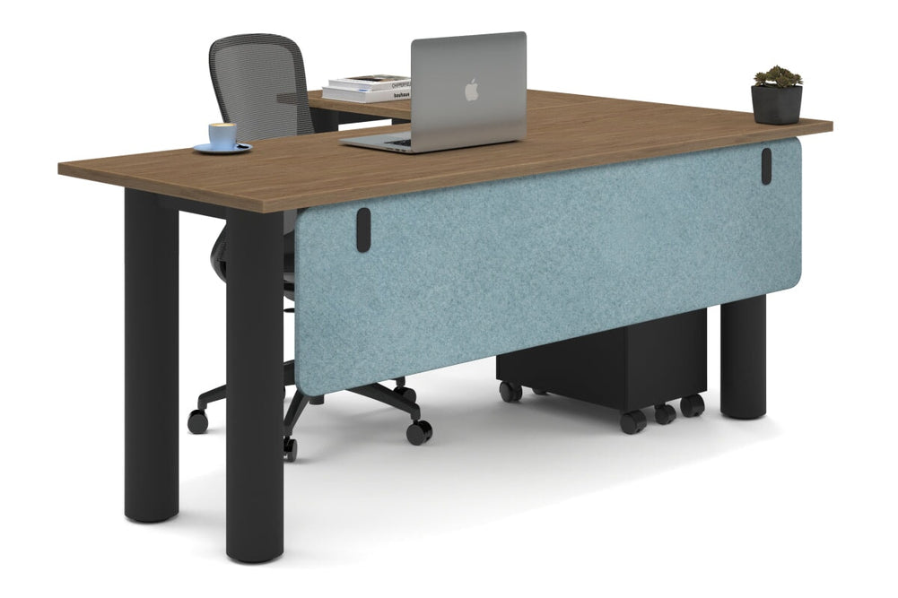 Quadro Cylinder Leg - L Shaped Corner Office Desk  [1800L x 1450W]-black leg salvage oak blue acoustic modesty panel (350H x 1600W)