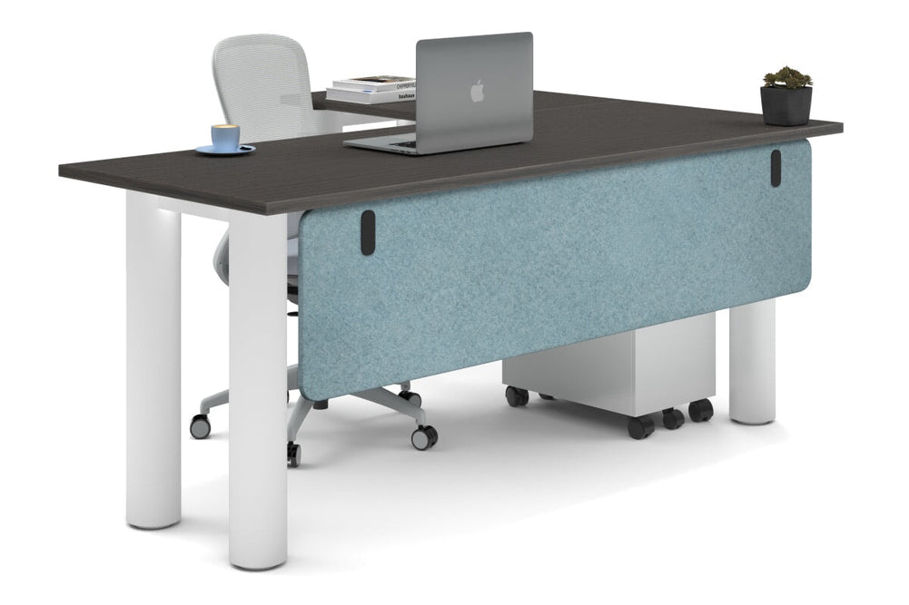 Quadro Cylinder Leg - L Shaped Corner Office Desk  [1800L x 1450W]-white leg dark oak blue acoustic modesty panel (350H x 1600W)