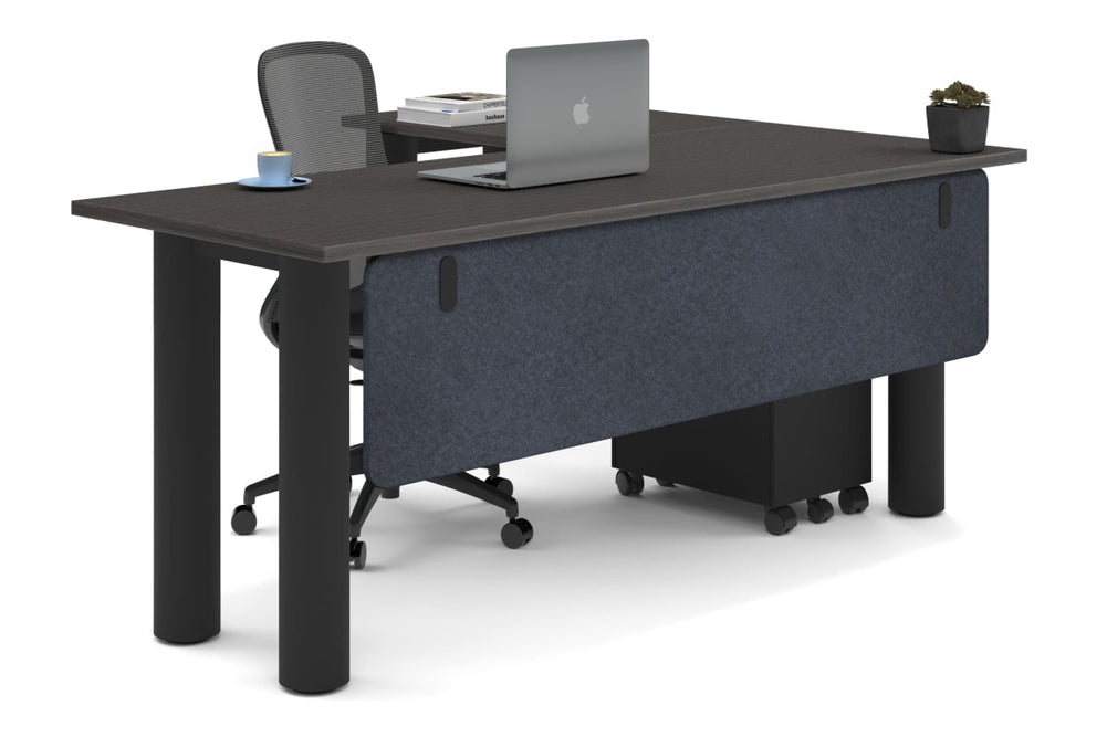 Quadro Cylinder Leg - L Shaped Corner Office Desk  [1800L x 1450W]-black leg dark oak dark grey acoustic modesty panel (350H x 1600W)