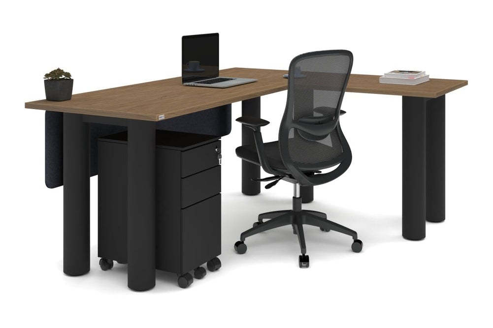 Quadro Cylinder Leg - L Shaped Corner Office Desk  [1800L x 1450W]-black leg dark oak metal modesty panel
