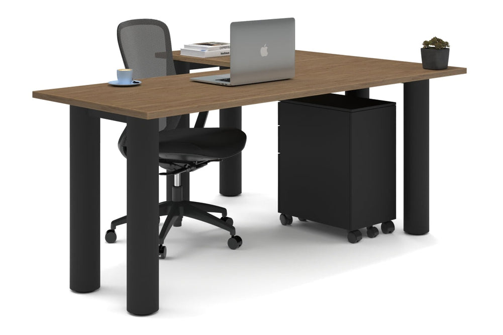 Quadro Cylinder Leg - L Shaped Corner Office Desk  [1800L x 1450W]-black leg salvage oak none