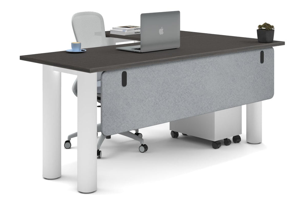 Quadro Cylinder Leg - L Shaped Corner Office Desk  [1800L x 1450W]-white leg dark oak light grey acoustic modesty panel (350H x 1600W)