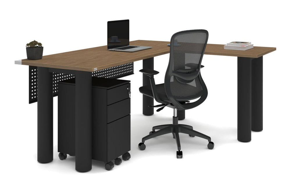 Quadro Cylinder Leg - L Shaped Corner Office Desk  [1800L x 1450W]-black leg dark oak metal modesty panel