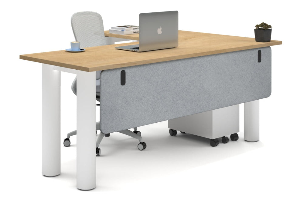 Quadro Cylinder Leg - L Shaped Corner Office Desk  [1800L x 1450W]-white leg maple light grey acoustic modesty panel (350H x 1600W)