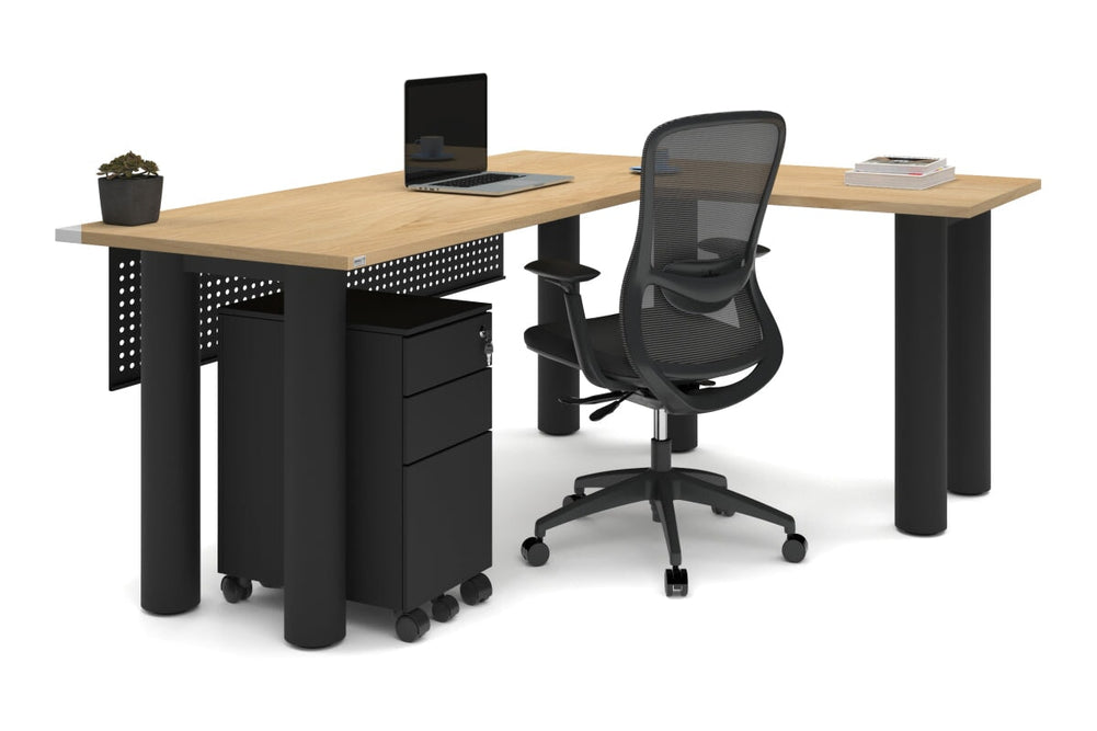 Quadro Cylinder Leg - L Shaped Corner Office Desk  [1800L x 1450W]-black leg dark oak metal modesty panel