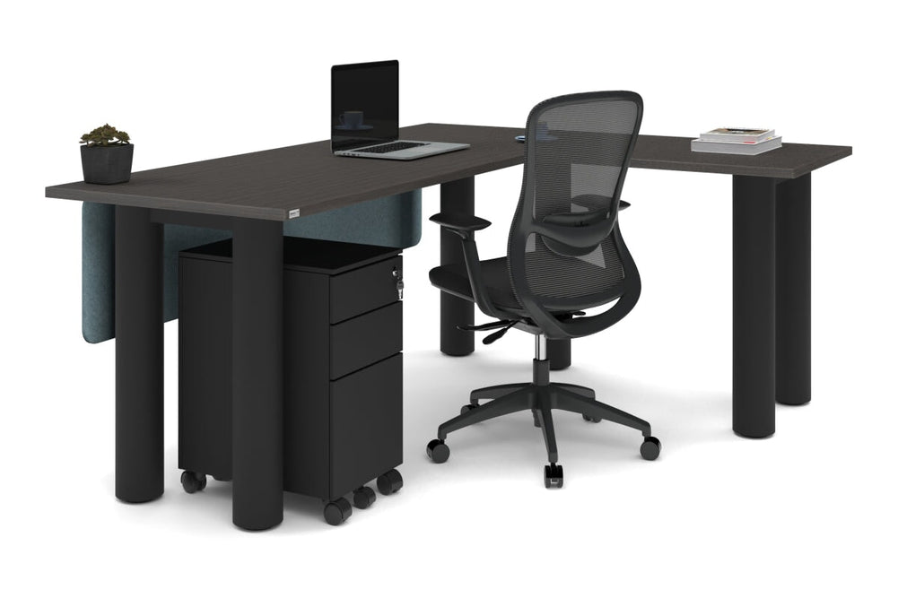 Quadro Cylinder Leg - L Shaped Corner Office Desk  [1800L x 1450W]-black leg dark oak metal modesty panel