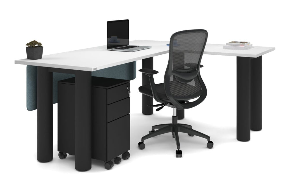 Quadro Cylinder Leg - L Shaped Corner Office Desk  [1800L x 1450W]-black leg dark oak metal modesty panel
