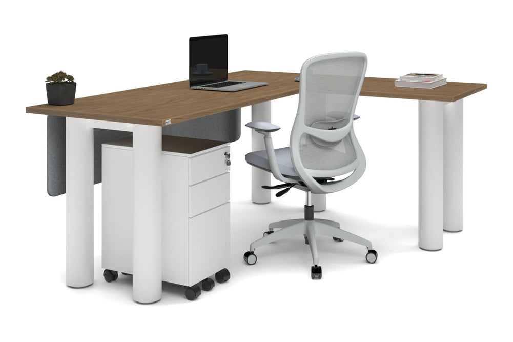 Quadro Cylinder Leg - L Shaped Corner Office Desk  [1800L x 1450W]-black leg dark oak metal modesty panel