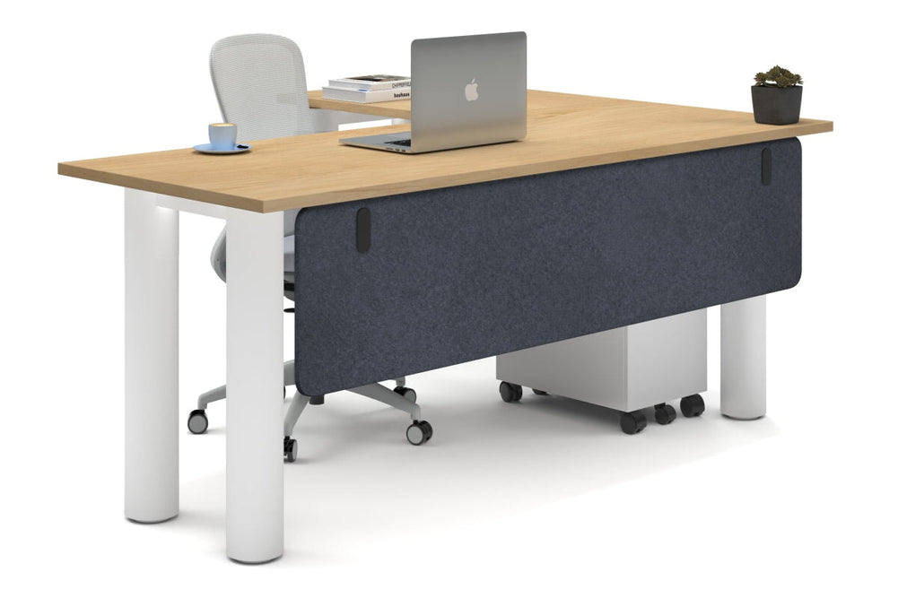 Quadro Cylinder Leg - L Shaped Corner Office Desk  [1800L x 1450W]-white leg maple dark grey acoustic modesty panel (350H x 1600W)