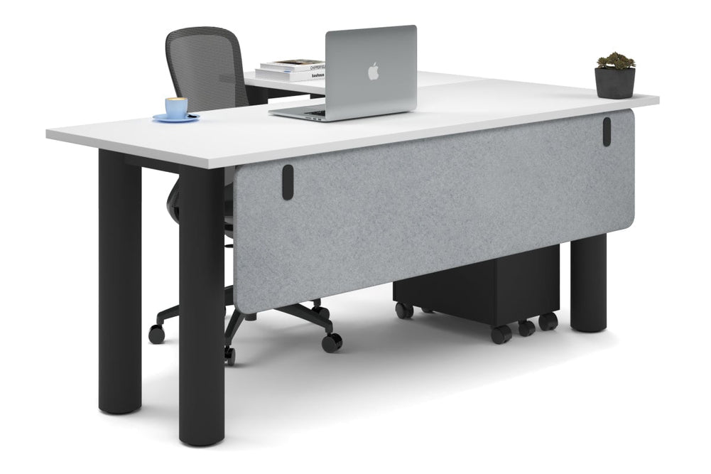 Quadro Cylinder Leg - L Shaped Corner Office Desk  [1800L x 1450W]-black leg white light grey acoustic modesty panel (350H x 1600W)