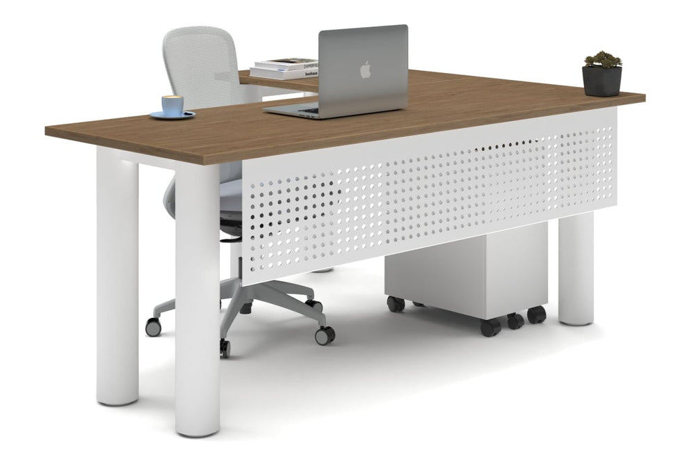 Quadro Cylinder Leg - L Shaped Corner Office Desk  [1800L x 1450W]-white leg salvage oak metal modesty panel
