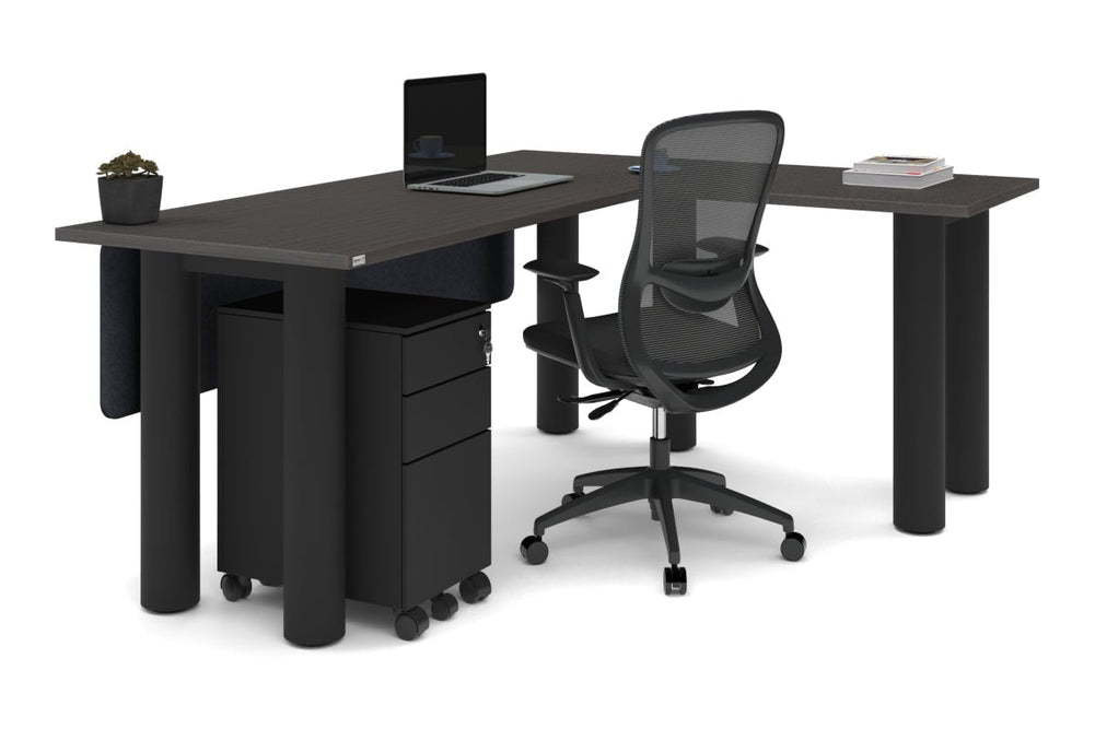 Quadro Cylinder Leg - L Shaped Corner Office Desk  [1800L x 1450W]-black leg dark oak metal modesty panel