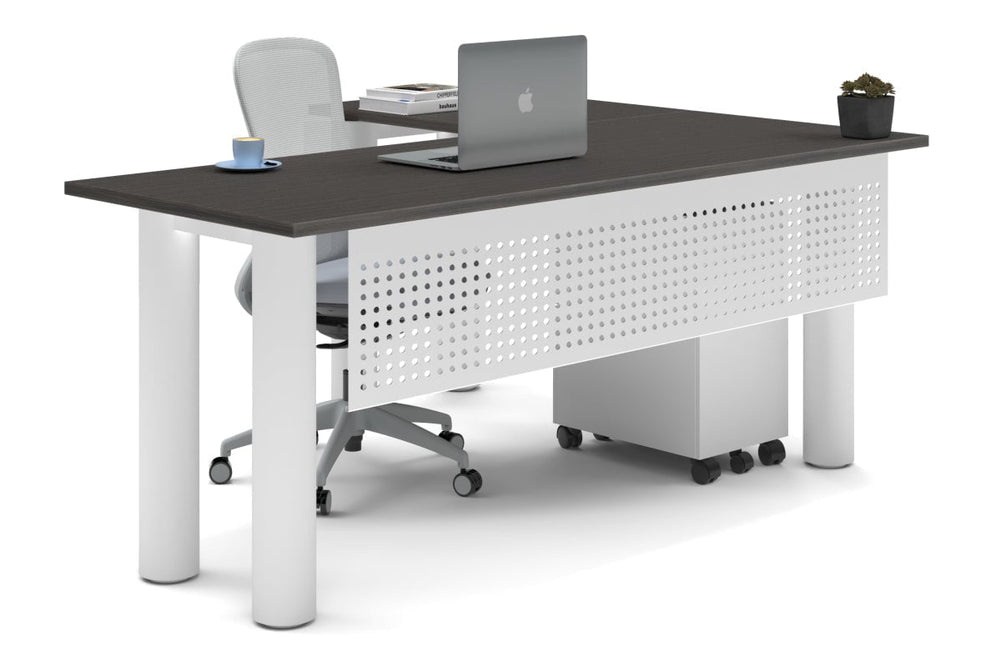 Quadro Cylinder Leg - L Shaped Corner Office Desk  [1800L x 1450W]-white leg dark oak metal modesty panel