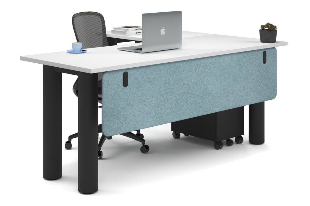 Quadro Cylinder Leg - L Shaped Corner Office Desk  [1800L x 1450W]-black leg white blue acoustic modesty panel (350H x 1600W)