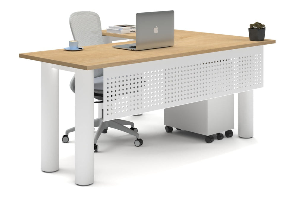 Quadro Cylinder Leg - L Shaped Corner Office Desk  [1800L x 1450W]-white leg maple metal modesty panel