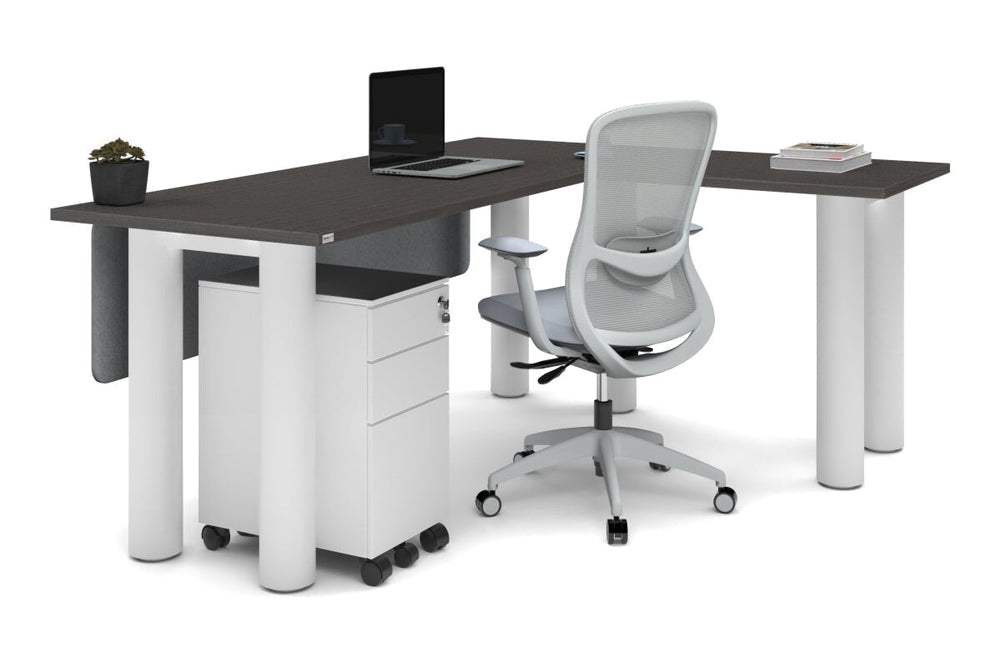 Quadro Cylinder Leg - L Shaped Corner Office Desk  [1800L x 1450W]-black leg dark oak metal modesty panel
