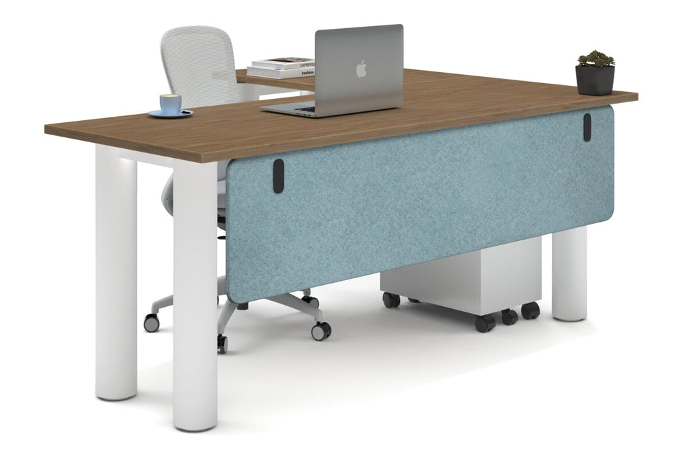Quadro Cylinder Leg - L Shaped Corner Office Desk  [1800L x 1450W]-white leg salvage oak blue acoustic modesty panel (350H x 1600W)