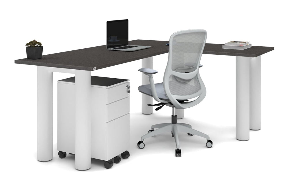 Quadro Cylinder Leg - L Shaped Corner Office Desk  [1800L x 1450W]-black leg dark oak metal modesty panel