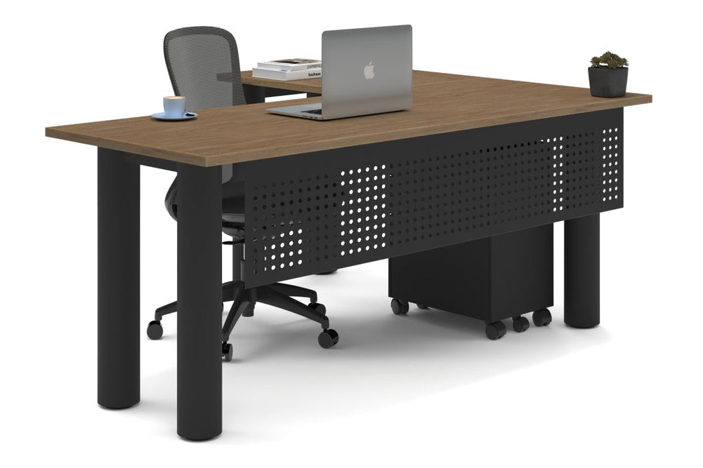 Quadro Cylinder Leg - L Shaped Corner Office Desk  [1800L x 1450W]-black leg salvage oak metal modesty panel