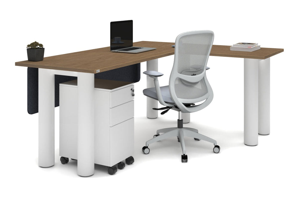 Quadro Cylinder Leg - L Shaped Corner Office Desk  [1800L x 1450W]-black leg dark oak metal modesty panel