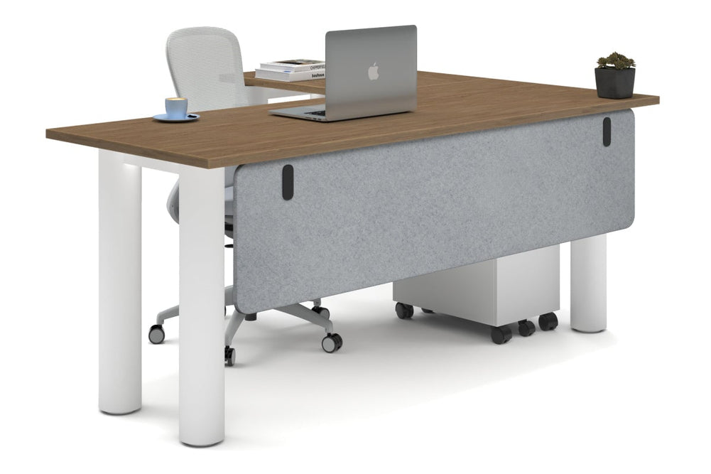 Quadro Cylinder Leg - L Shaped Corner Office Desk  [1800L x 1450W]-white leg salvage oak light grey acoustic modesty panel (350H x 1600W)