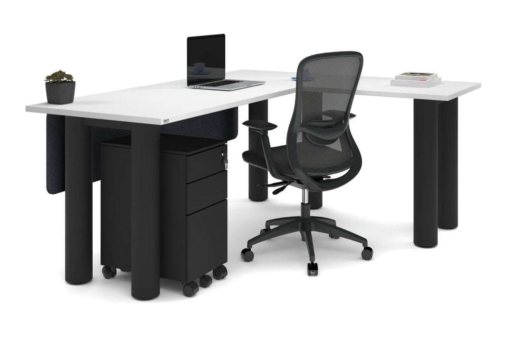 Quadro Cylinder Leg - L Shaped Corner Office Desk  [1800L x 1450W]-black leg dark oak metal modesty panel