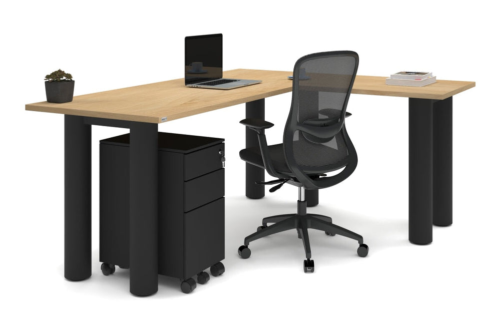 Quadro Cylinder Leg - L Shaped Corner Office Desk  [1800L x 1450W]-black leg dark oak metal modesty panel
