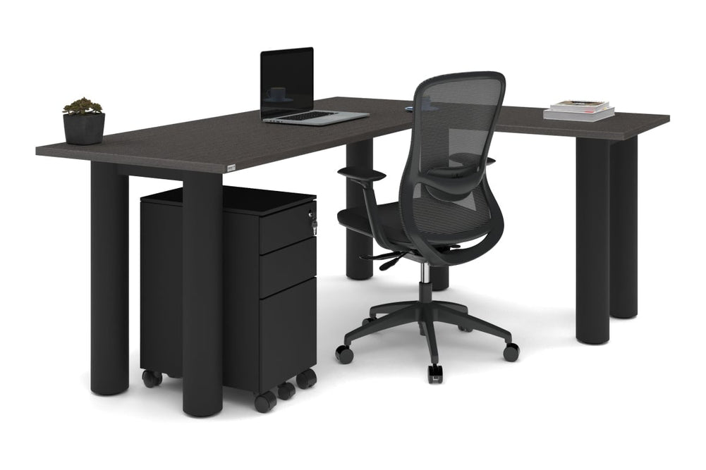 Quadro Cylinder Leg - L Shaped Corner Office Desk  [1800L x 1450W]-black leg dark oak metal modesty panel