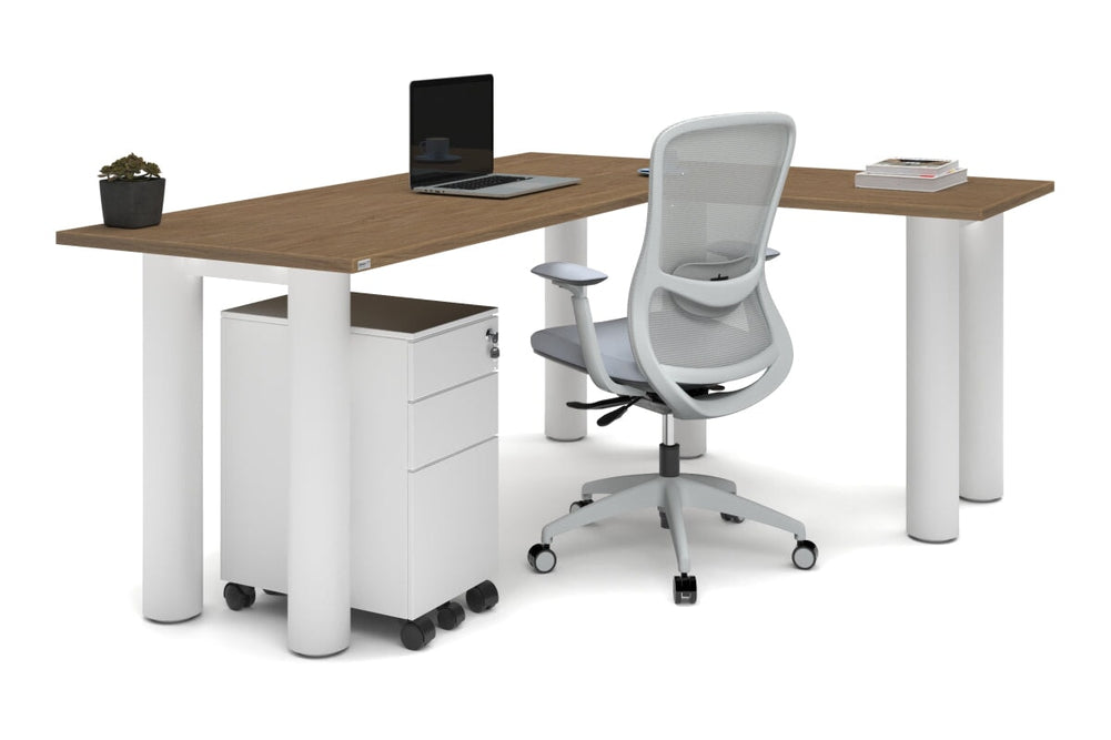 Quadro Cylinder Leg - L Shaped Corner Office Desk  [1800L x 1450W]-black leg dark oak metal modesty panel