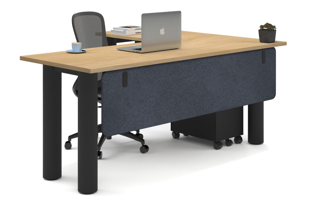 Quadro Cylinder Leg - L Shaped Corner Office Desk  [1800L x 1450W]-black leg maple dark grey acoustic modesty panel (350H x 1600W)