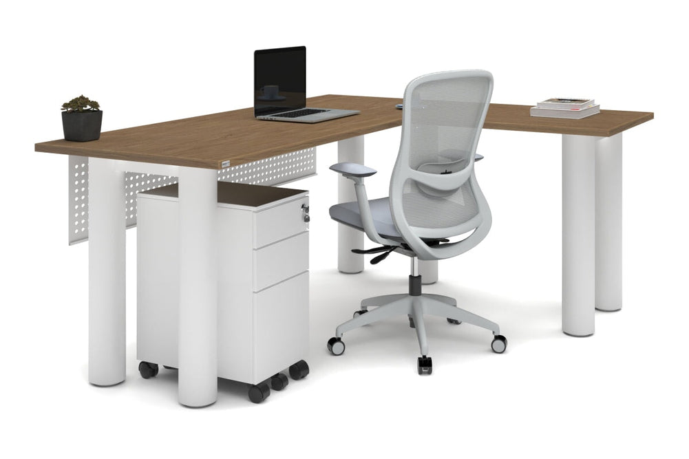 Quadro Cylinder Leg - L Shaped Corner Office Desk  [1800L x 1450W]-black leg dark oak metal modesty panel