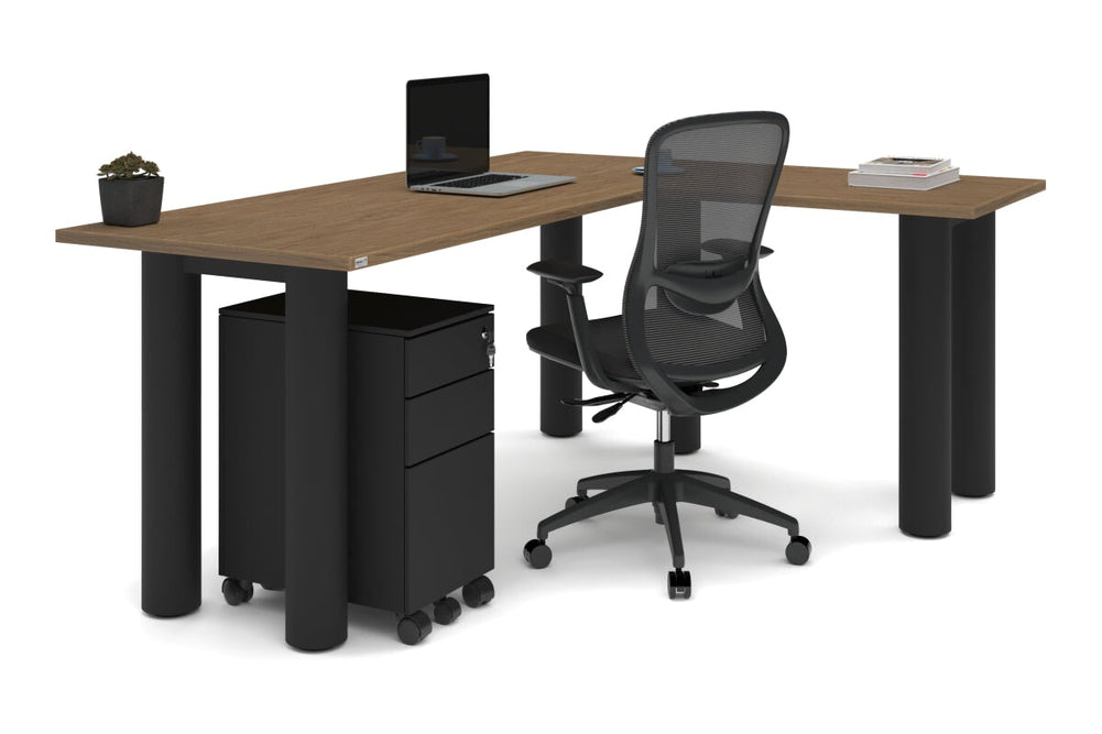 Quadro Cylinder Leg - L Shaped Corner Office Desk  [1800L x 1450W]-black leg dark oak metal modesty panel