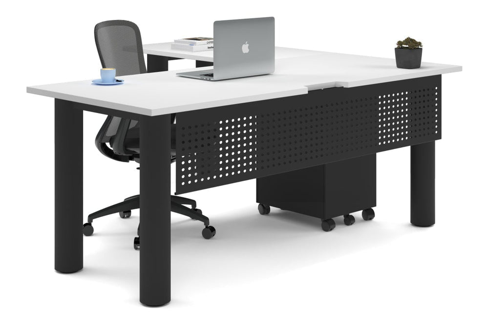 Quadro Cylinder Leg - L Shaped Corner Office Desk  [1800L x 1550W with Cable Scallop]-black leg white metal modesty panel