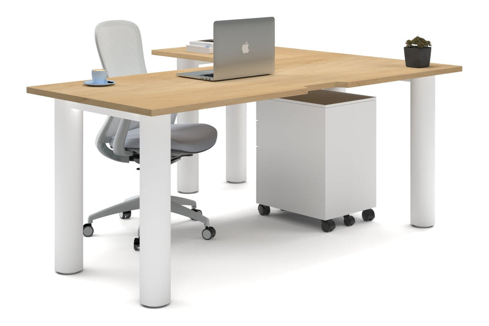 Quadro Cylinder Leg - L Shaped Corner Office Desk  [1800L x 1550W with Cable Scallop]-white leg maple none